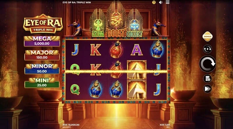 Eye of Ra Triple Win - écran de jeu principal avec cinq rouleaux